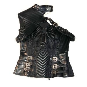 Black Corset top faux Leather tie up zip buckle